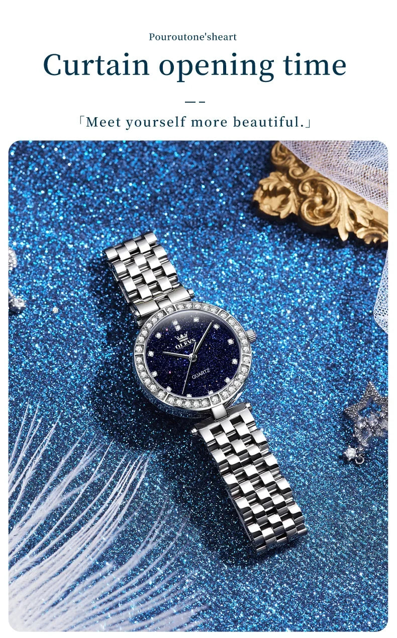 OLEVS 3641 Elegante reloj de cuarzo resistente al agua para mujer Esfera estrellada luminosa de acero inoxidable con caja de regalo - Accesorio de moda para mujer