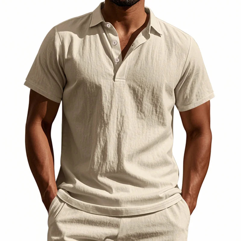 Camisa POLO de manga corta de lino y algodón de alta calidad para hombre, camisa informal holgada y cómoda, camisetas de verano con botones y cuello vuelto