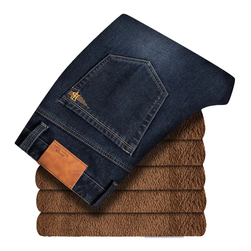 Pantalones vaqueros cálidos para hombre, pantalones de lana gruesos y cálidos para invierno, pantalones vaqueros informales holgados y rectos de talla grande 44 46 48, pantalones clásicos