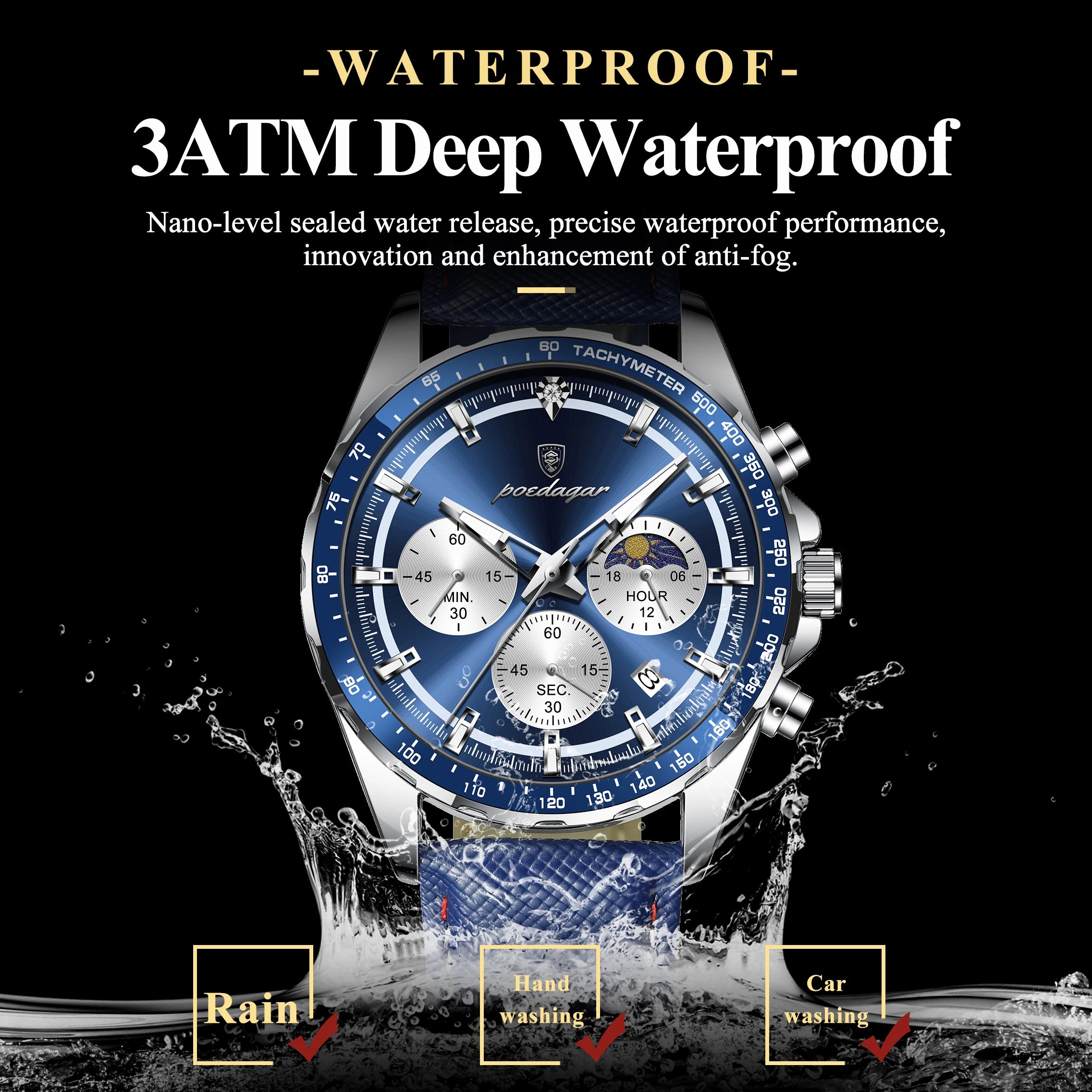 POEDAGAR Original Fashion Men Clock Luminous Waterproof Chronograph Date Man Wristwatch Leather Quartz Sport Men's Watches Reloj
