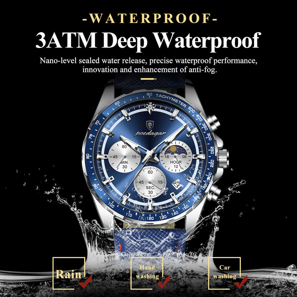 POEDAGAR Original Fashion Men Clock Luminous Waterproof Chronograph Date Man Wristwatch Leather Quartz Sport Men's Watches Reloj