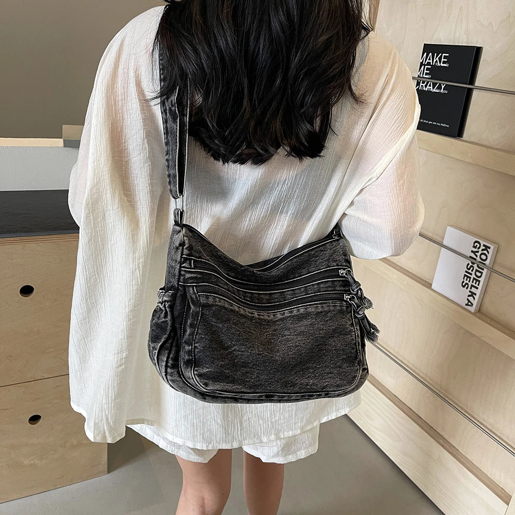 Bolso cruzado de mezclilla para mujer, bolso de hombro de gran capacidad, correa ajustable, bolso Vintage, bolsos de mensajero informales con múltiples bolsillos