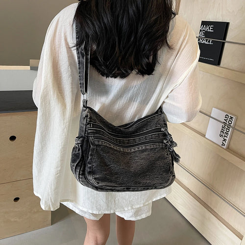 Bolso cruzado de mezclilla para mujer, bolso de hombro de gran capacidad, correa ajustable, bolso Vintage, bolsos de mensajero informales con múltiples bolsillos