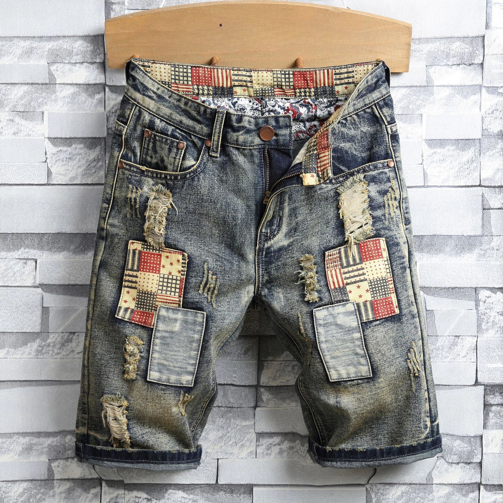 Vintage Hole Men Jeans Shorts Distressed Denim Knee Length Pockets Cuffed Patchwork Skinny Washed Ripped Punk Style Mid Waist 2024