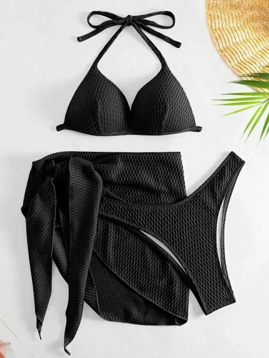 Skirt, Ruched Bikini with Bra Cup, Women's Swimsuit, Women's Bathing Suit, Three-Piece Bikini Set, Push Up Swimsuit, Swimming Beachwear