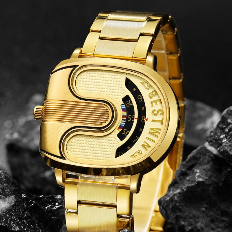 Relojes dorados de lujo para hombre, diseño único, banda de acero inoxidable, Dropship dorado, reloj masculino de alta calidad