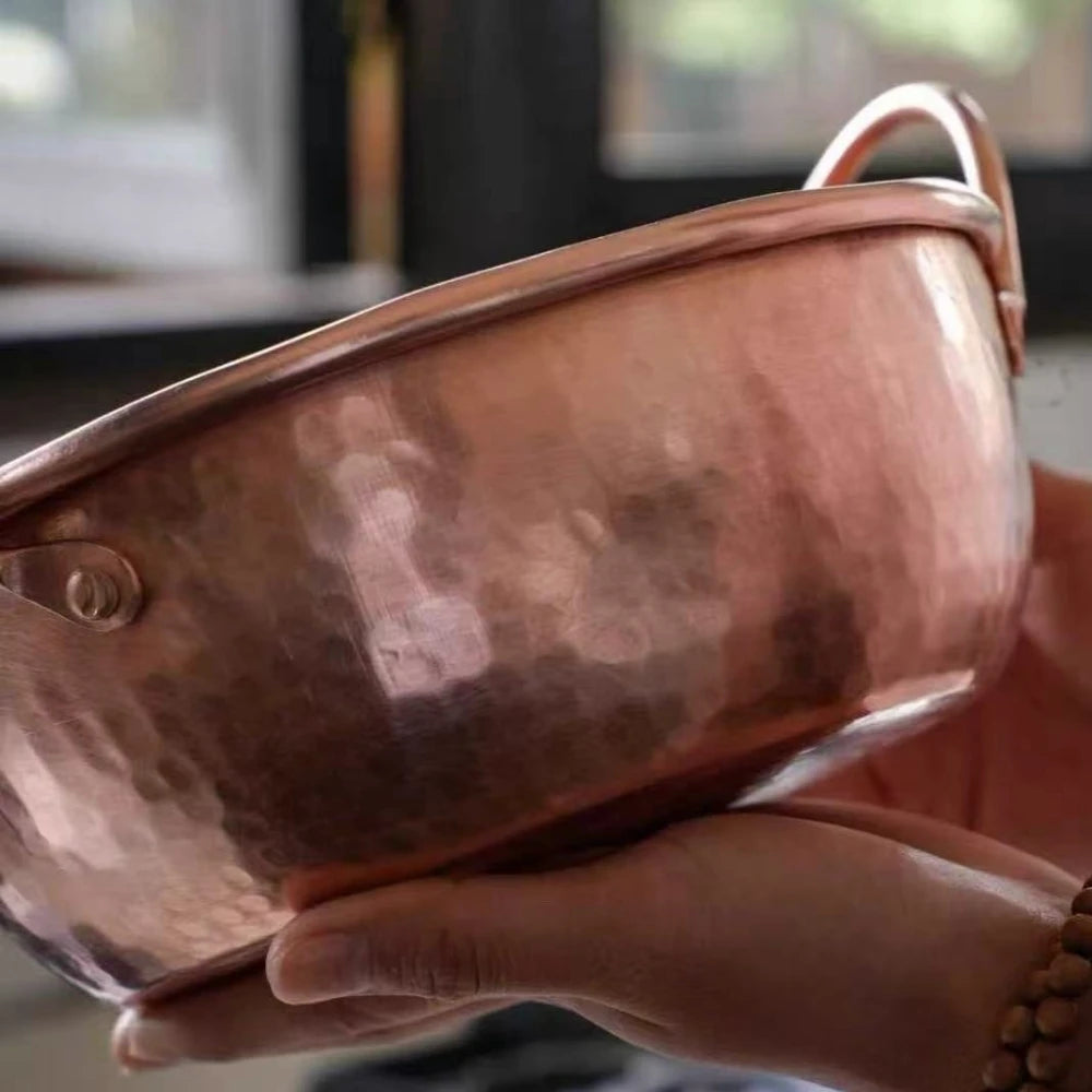 Olla de cobre vintage, olla de comida para acampar, utensilio de cocina, estofado de macarrão y estofado, textura de martillo hecha a mano, olla de mano de 20 cm