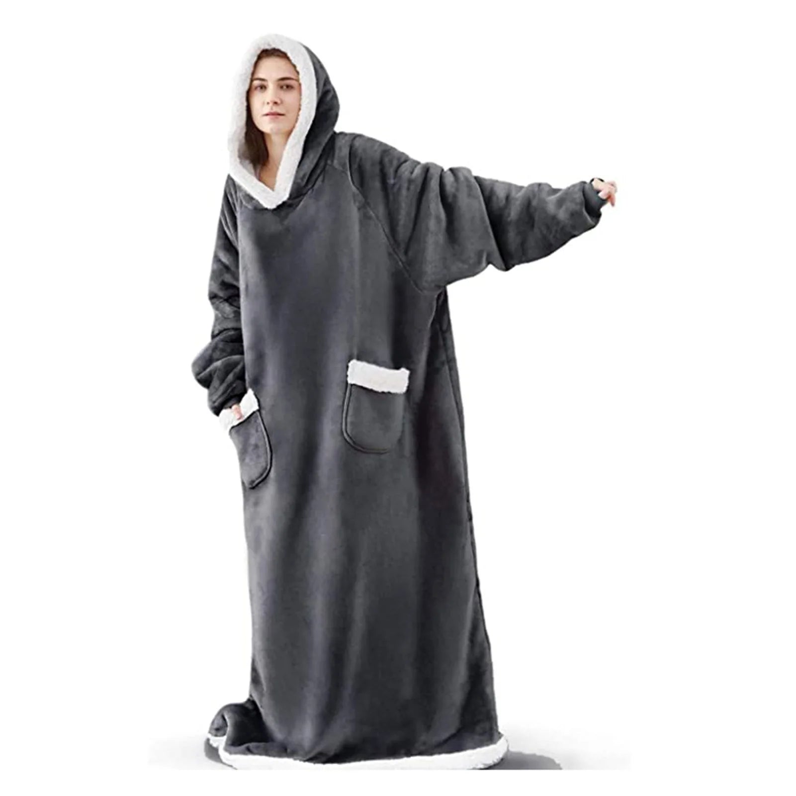 Sherpa Flannel Oversized Hoodie Blanket, Warm Winter Blanket with Sleeves, Hooded Sweatshirt, Oversized TV Blanket, Pullover