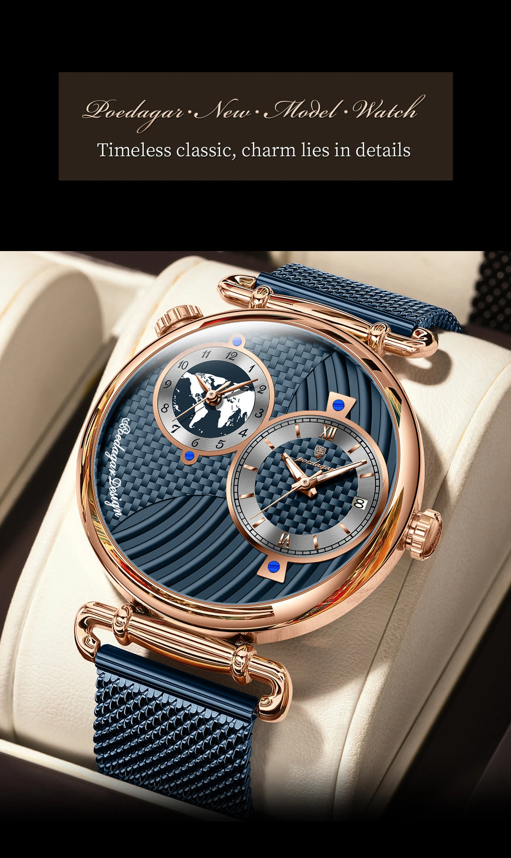 Reloj de hombre POEDAGAR de moda con doble zona horaria, resistente al agua, con fecha, deportivo, de malla de acero inoxidable, de cuarzo + caja.