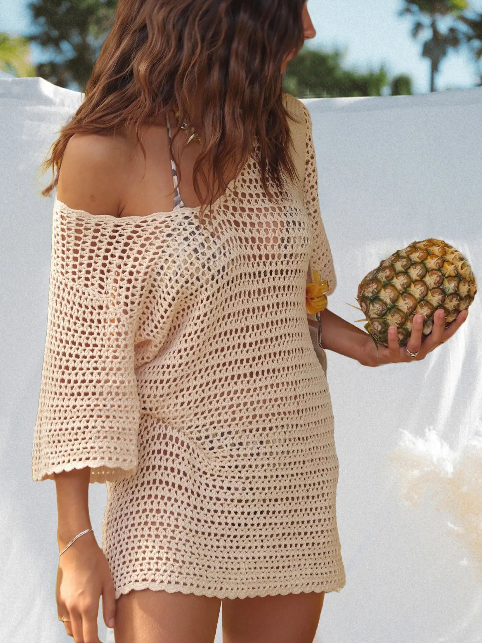 2024 Sexy de punto con cuello en V media manga ahueca hacia fuera la playa Mini vestido de verano 2024 mujeres playa túnica traje de baño cubrir traje Casual K19