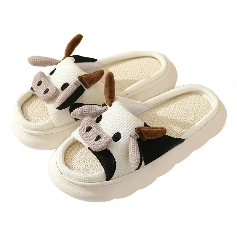 Zapatillas de lino de vaca con dibujos animados, sandalias universales de lino y algodón antideslizantes para interior del hogar, para las cuatro estaciones, 2024