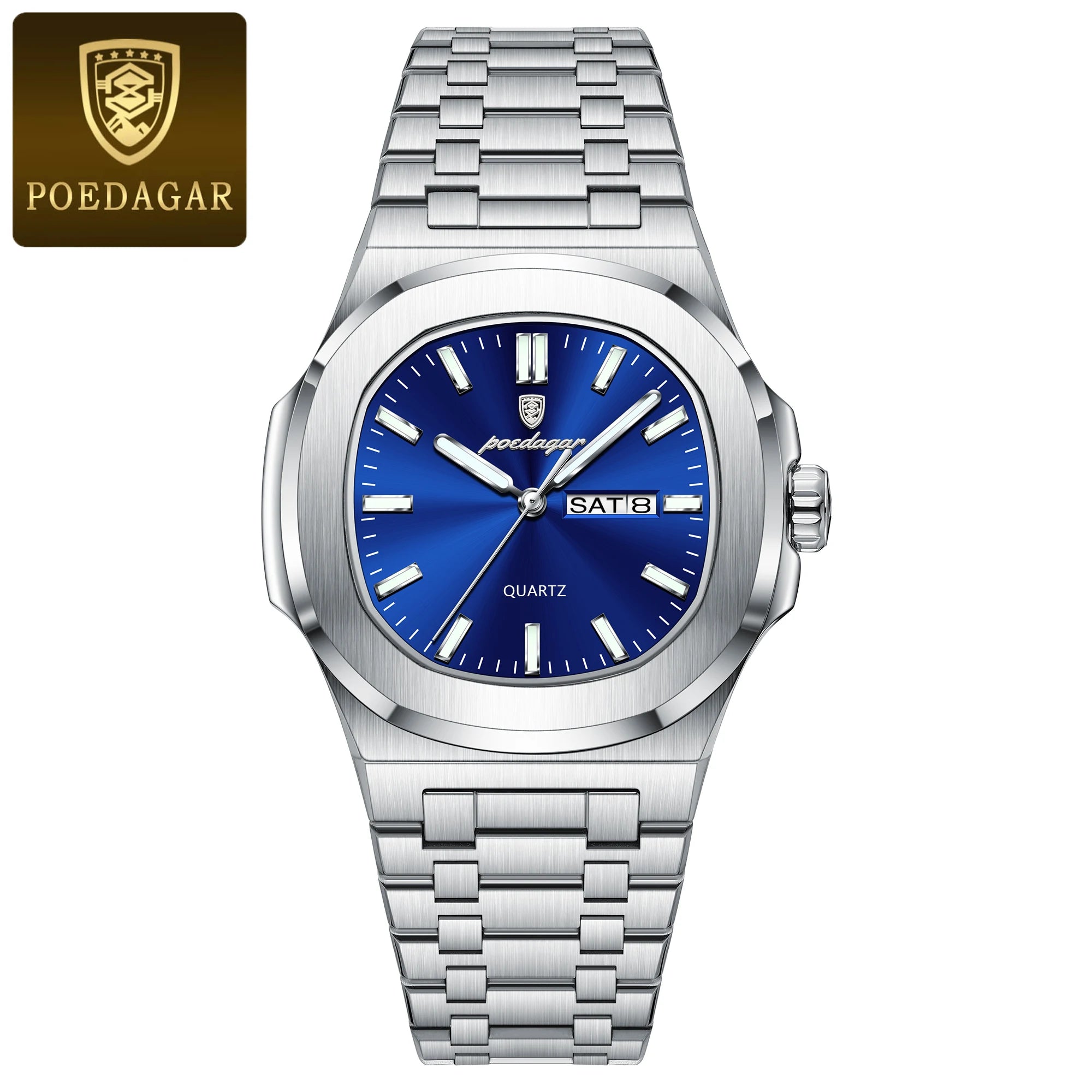 POEDAGAR, relojes cuadrados de lujo para hombre, Reloj luminoso resistente al agua con fecha y semana para hombre, Reloj de pulsera de cuarzo a la moda de acero inoxidable para hombre