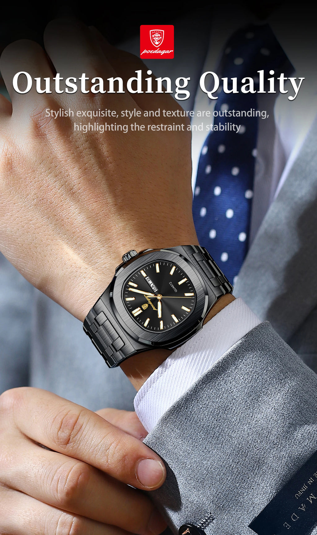 POEDAGAR, relojes cuadrados de lujo para hombre, Reloj luminoso resistente al agua con fecha y semana para hombre, Reloj de pulsera de cuarzo a la moda de acero inoxidable para hombre