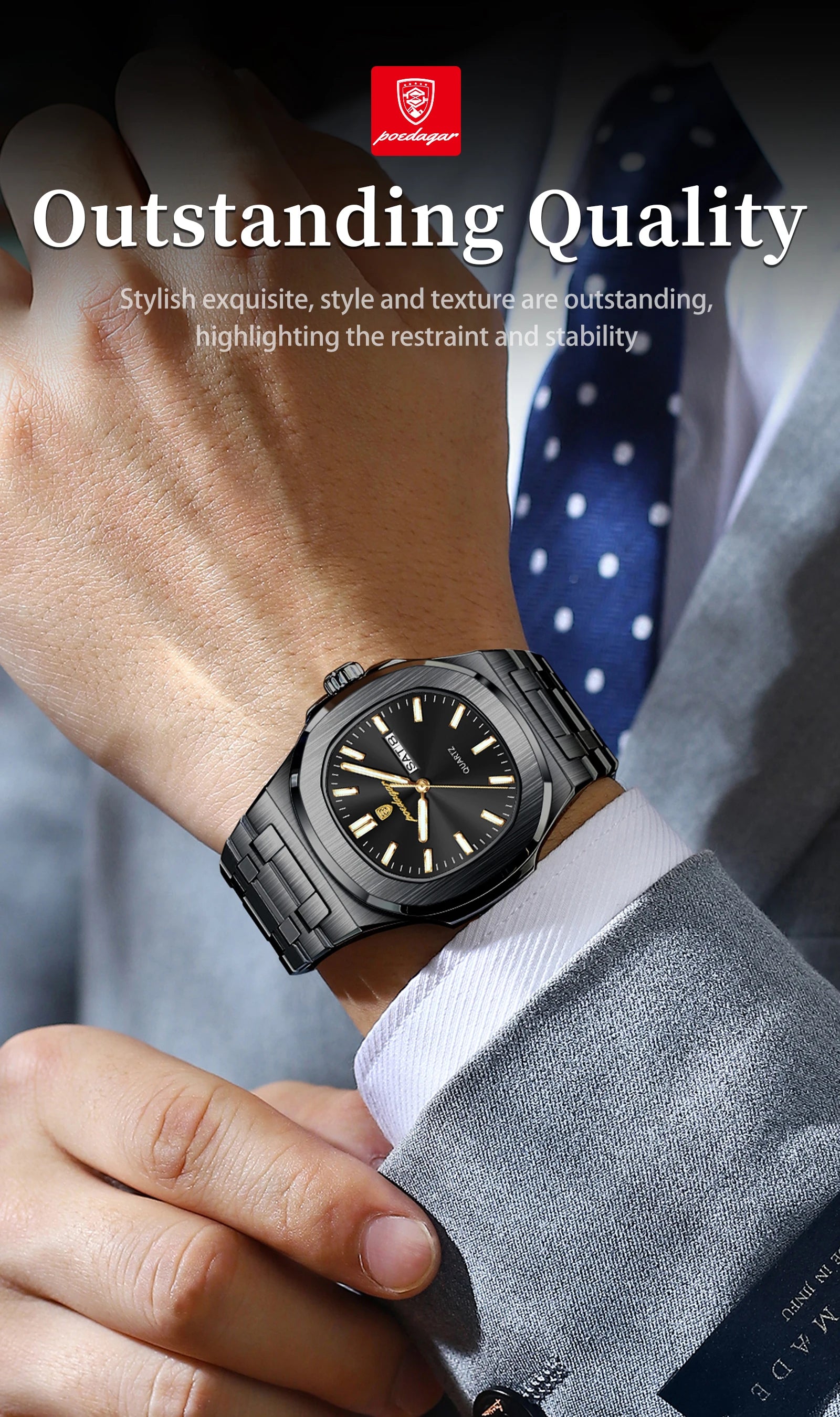 POEDAGAR, relojes cuadrados de lujo para hombre, Reloj luminoso resistente al agua con fecha y semana para hombre, Reloj de pulsera de cuarzo a la moda de acero inoxidable para hombre