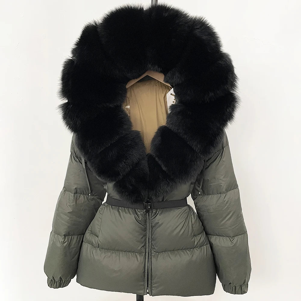 OFTBUY 2025 nueva ropa de invierno para mujer, abrigo de plumón de pato blanco, chaqueta con capucha de piel de zorro Natural, chaqueta acolchada cálida a la moda para mujer