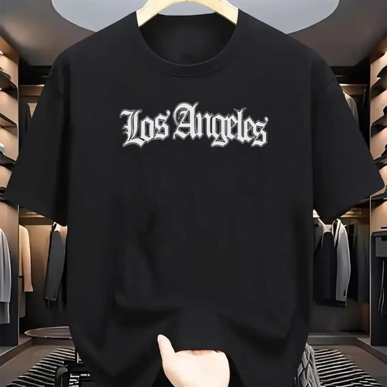 Camiseta deportiva holgada informal a la moda de algodón 100% de verano para hombre, camiseta de manga corta con estampado de letras de Los Ángeles y cuello redondo