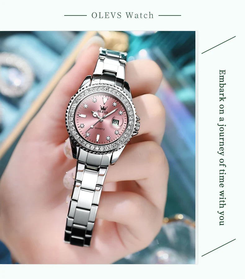 Reloj de cuarzo OLEVS Original con esfera de diamantes para mujer, relojes de moda para mujer, reloj de pulsera luminoso resistente al agua de acero inoxidable para mujer