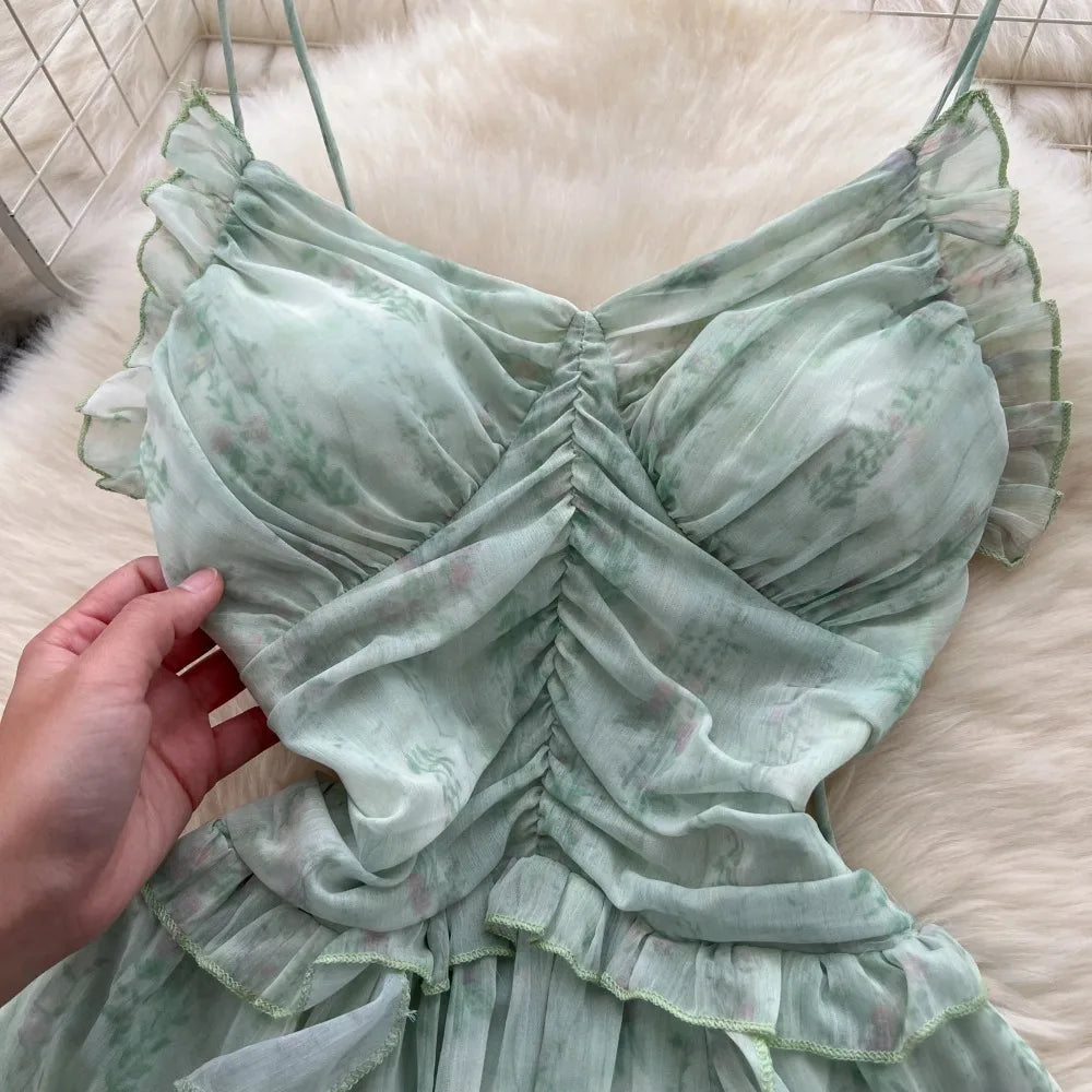 Women's Pleated V-Neck Dress, Elegant Chic Print Clothing, Korean, Sexy, Strappy, Vintage, High Street, Hotsweet, Slim, Fairycore, Summer
