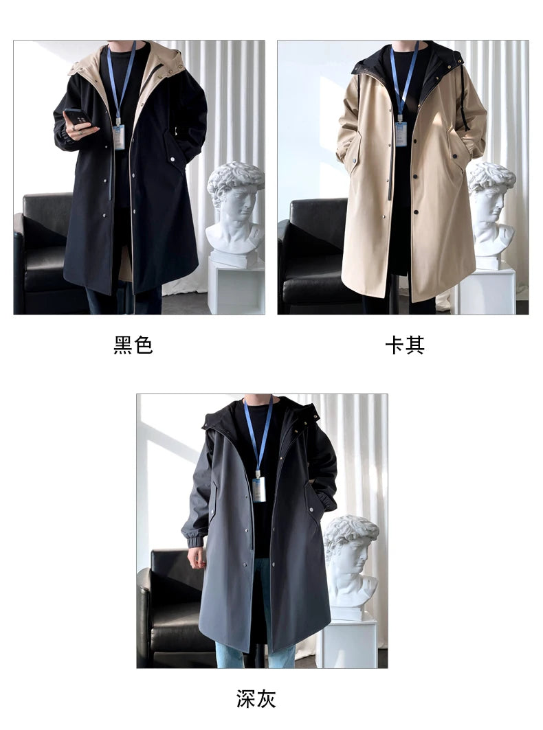 Gabardina para hombre, gabardina con capucha a la moda, otoño, longitud media, cortavientos holgado de un solo pecho, abrigo informal falso de dos piezas