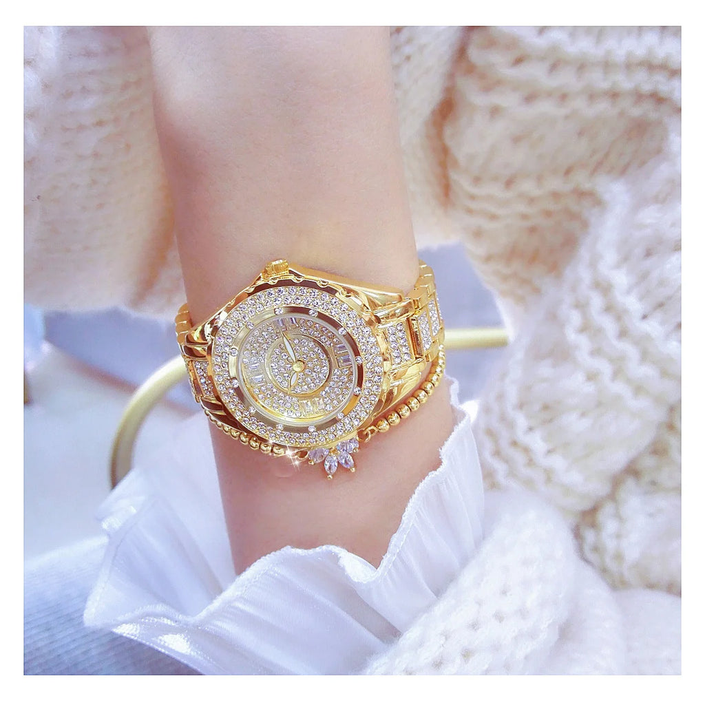 2025 relojes de diamantes de cristal para mujer, reloj elegante Original de oro para mujer con conjunto de pulsera, regalo de oro rosa para novia y esposa