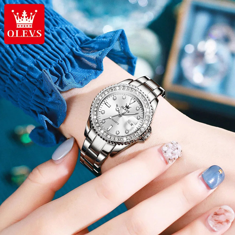 Reloj de cuarzo OLEVS Original con esfera de diamantes para mujer, relojes de moda para mujer, reloj de pulsera luminoso resistente al agua de acero inoxidable para mujer