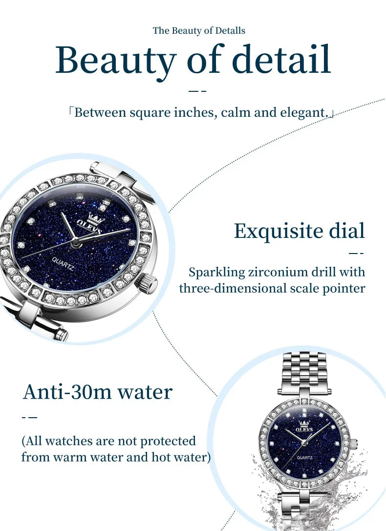OLEVS 3641 Elegante reloj de cuarzo resistente al agua para mujer Esfera estrellada luminosa de acero inoxidable con caja de regalo - Accesorio de moda para mujer