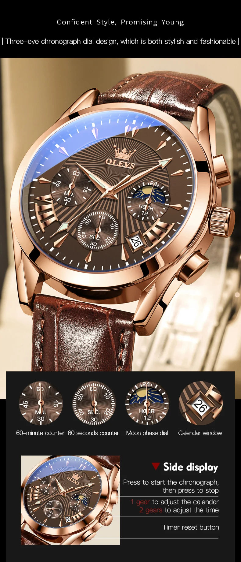 OLEVS 2876 reloj para hombre con correa de cuero reloj de cuarzo resistente al agua fase lunar luminosa relojes cronógrafo multifuncionales para regalo de hombre