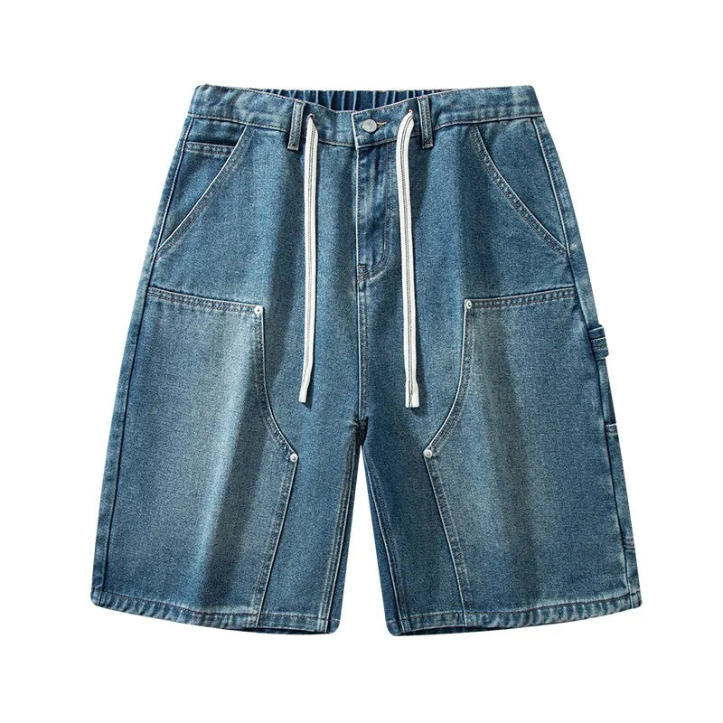 Streetwear Fashion Men's Denim Shorts Summer Loose Vintage Harajuku Spliced Hip-hop Cargo Moto Short Jeans Black Blue