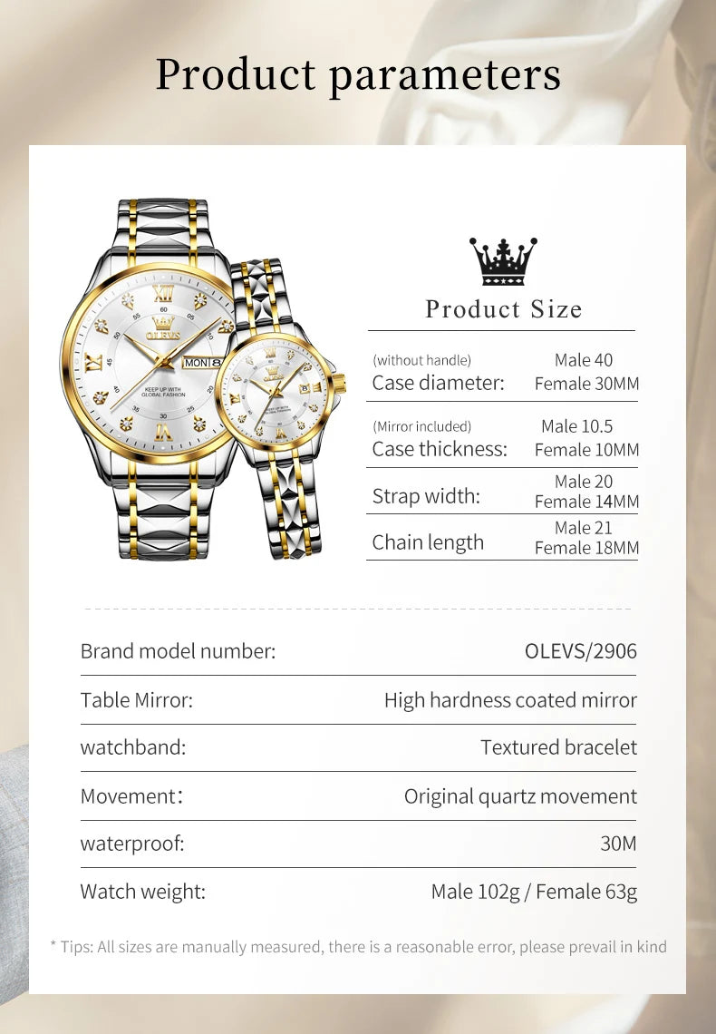 OLEVS, reloj de cuarzo Original superior para parejas, reloj de lujo con esfera de diamante a escala romana para hombres y mujeres, reloj de mano resistente al agua con correa de rombos