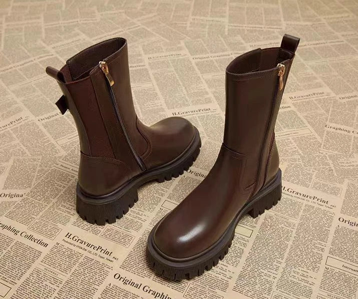 Botas medio altas para mujer, zapatos Chelsea con punta redonda a media pantorrilla para mujer, calzado marrón de tacón medio, oferta gótica de entretiempo para primavera y otoño
