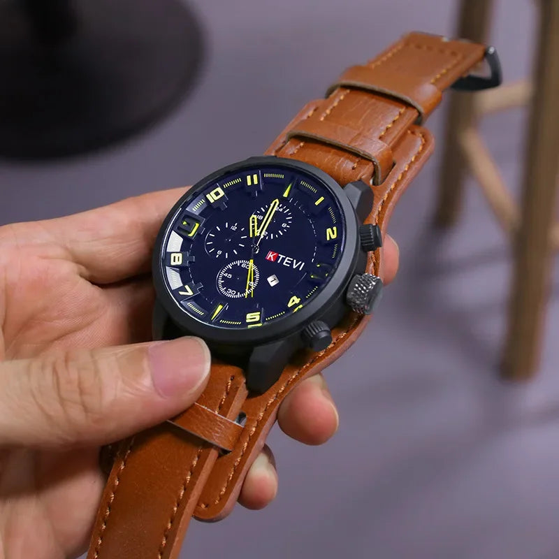 Reloj de Cuarzo para Hombre con Esfera Árabe, Correa de Cuero Informal, Relojes Deportivos con Calendario para Hombre