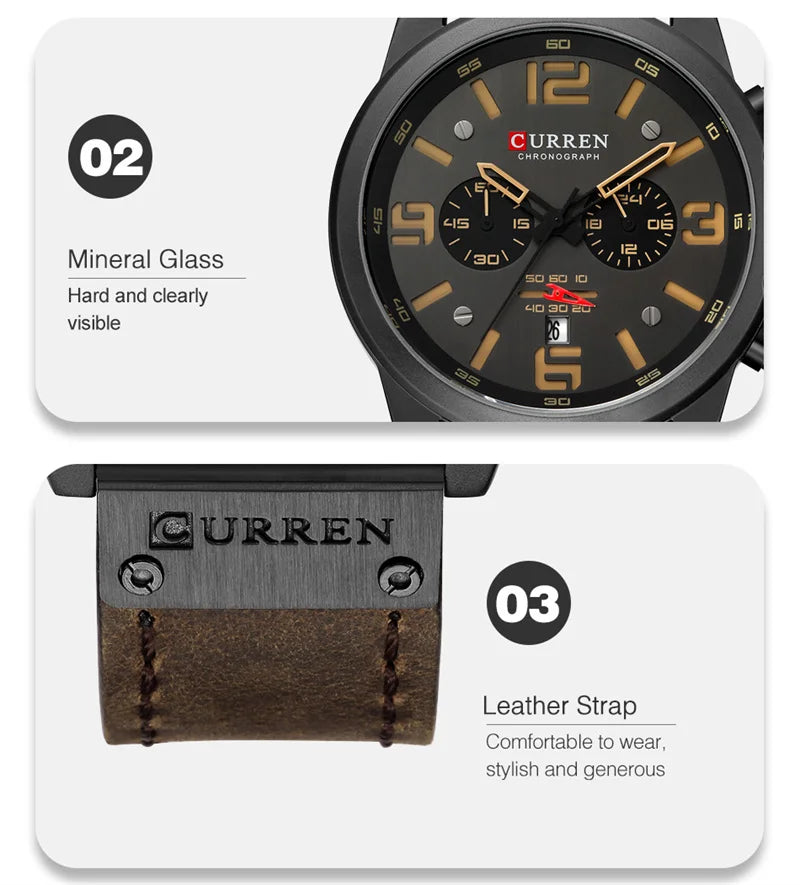 Reloj de pulsera Curren 8314 de cuarzo con calendario militar deportivo con cronógrafo informal para hombre, reloj masculino resistente al agua de cuero de negocios