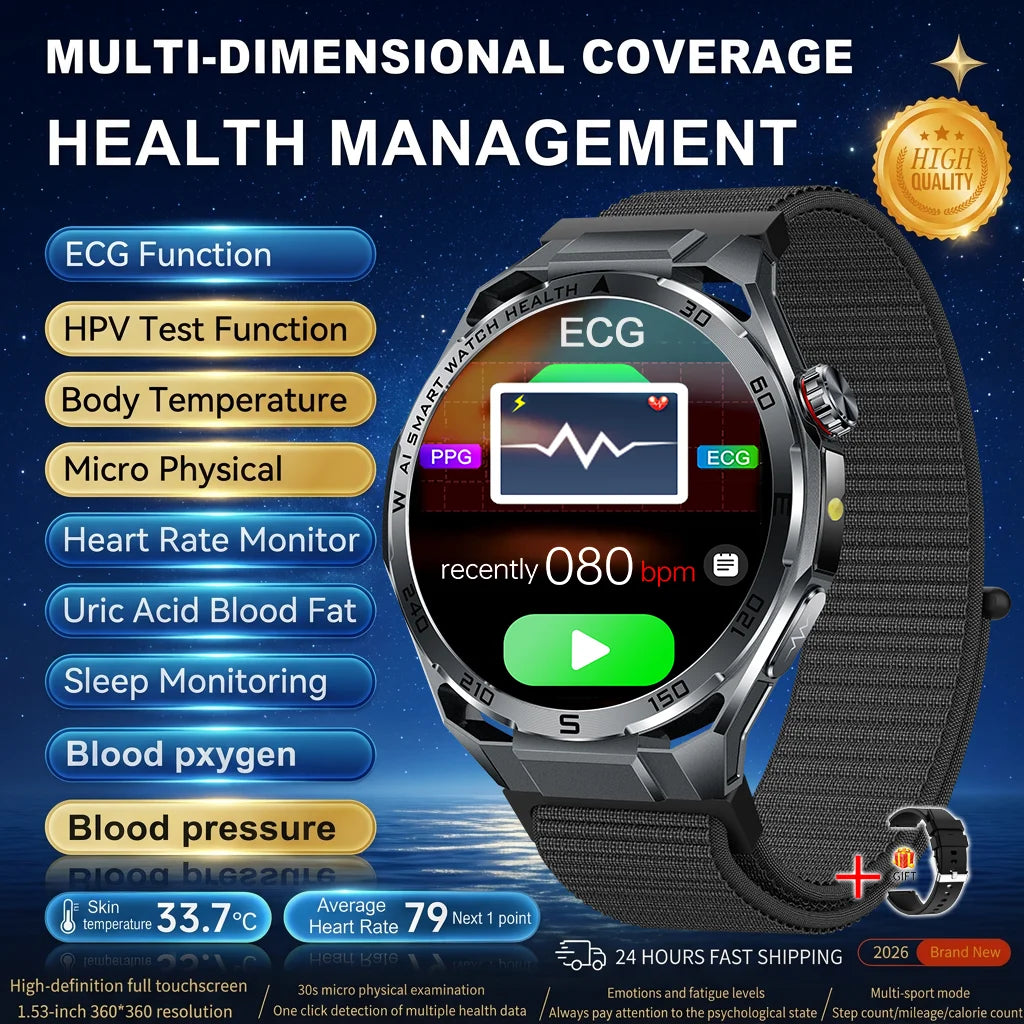 Nuevo Reloj Inteligente Médico con IA para Oxígeno en Sangre 2026, ECG Preciso, Ácido Úrico, Presión Arterial, Grasa Corporal, Fitness, Resistente al Agua
