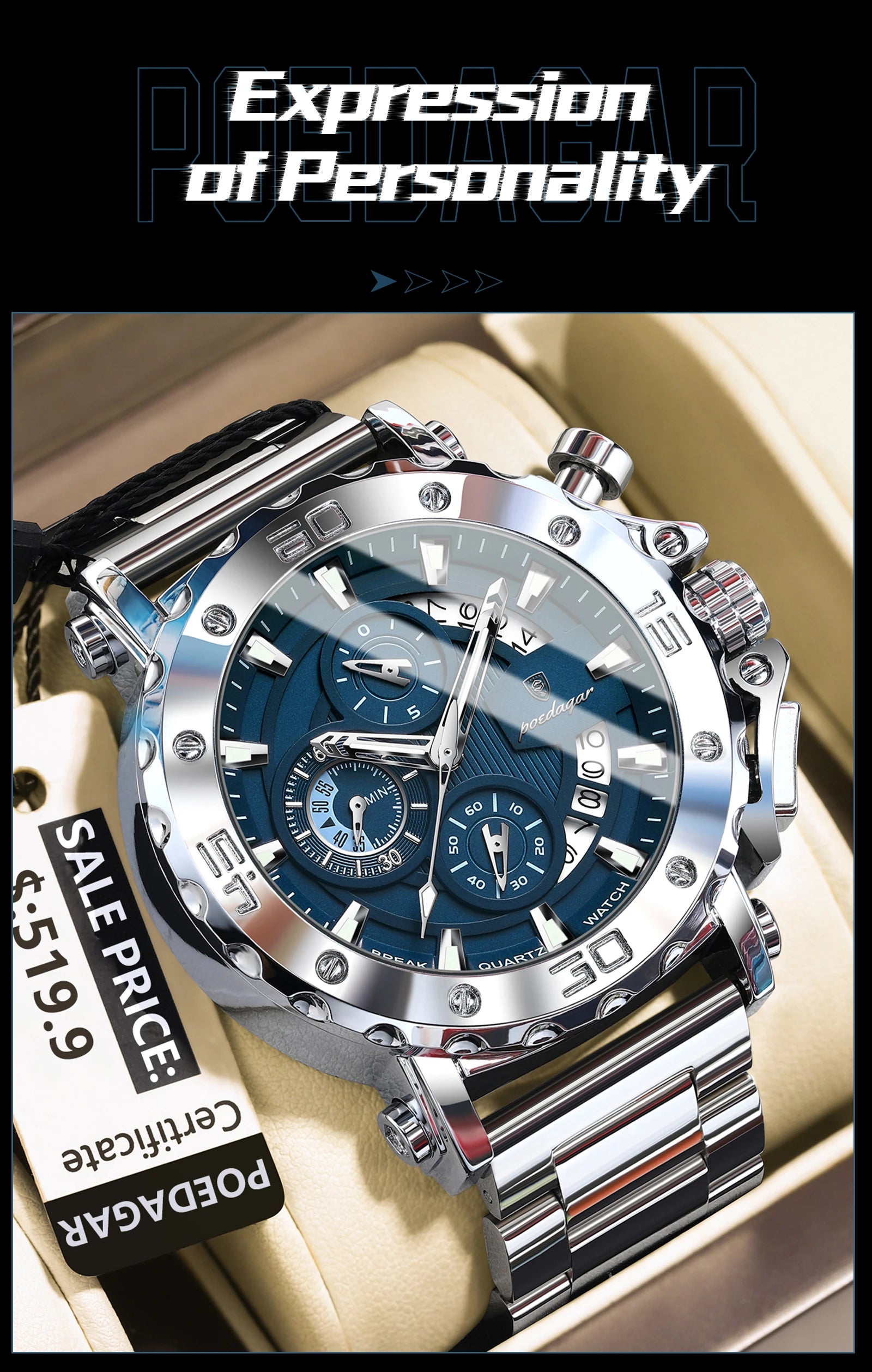 Reloj POEDAGAR de lujo para hombre, calendario luminoso, resistente al agua, Reloj para hombre, cronógrafo masculino, relojes de cuarzo de acero inoxidable para hombre