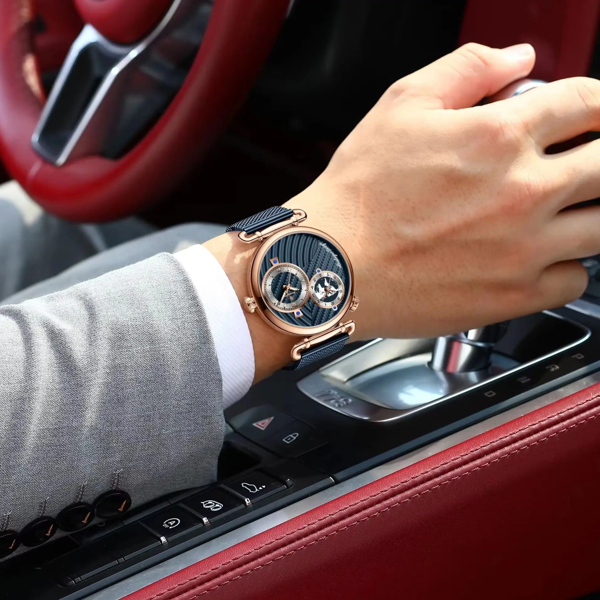 Reloj de hombre POEDAGAR de moda con doble zona horaria, resistente al agua, con fecha, deportivo, de malla de acero inoxidable, de cuarzo + caja.