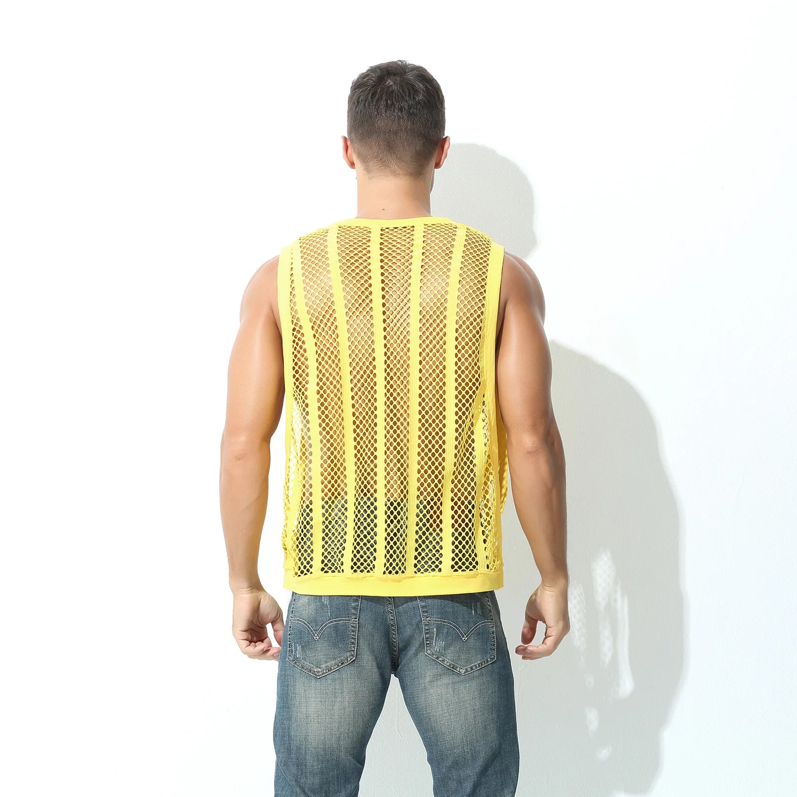 Camisetas sin mangas para hombre, camiseta interior sin mangas, chaleco hueco transparente de malla Sexy, camiseta de rejilla, camiseta musculosa