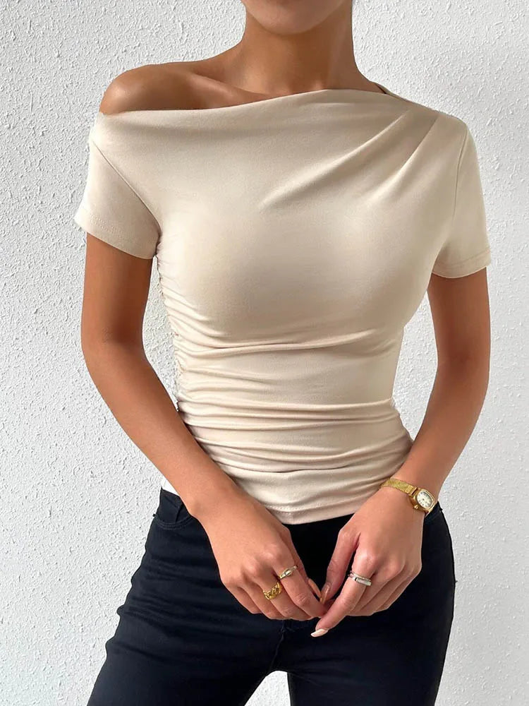 Women's One Shoulder Ruched Short Sleeve T-Shirt, Summer Fashion Casual Top, Solid Color Slim Fit T-Shirt, Streetwear 2024