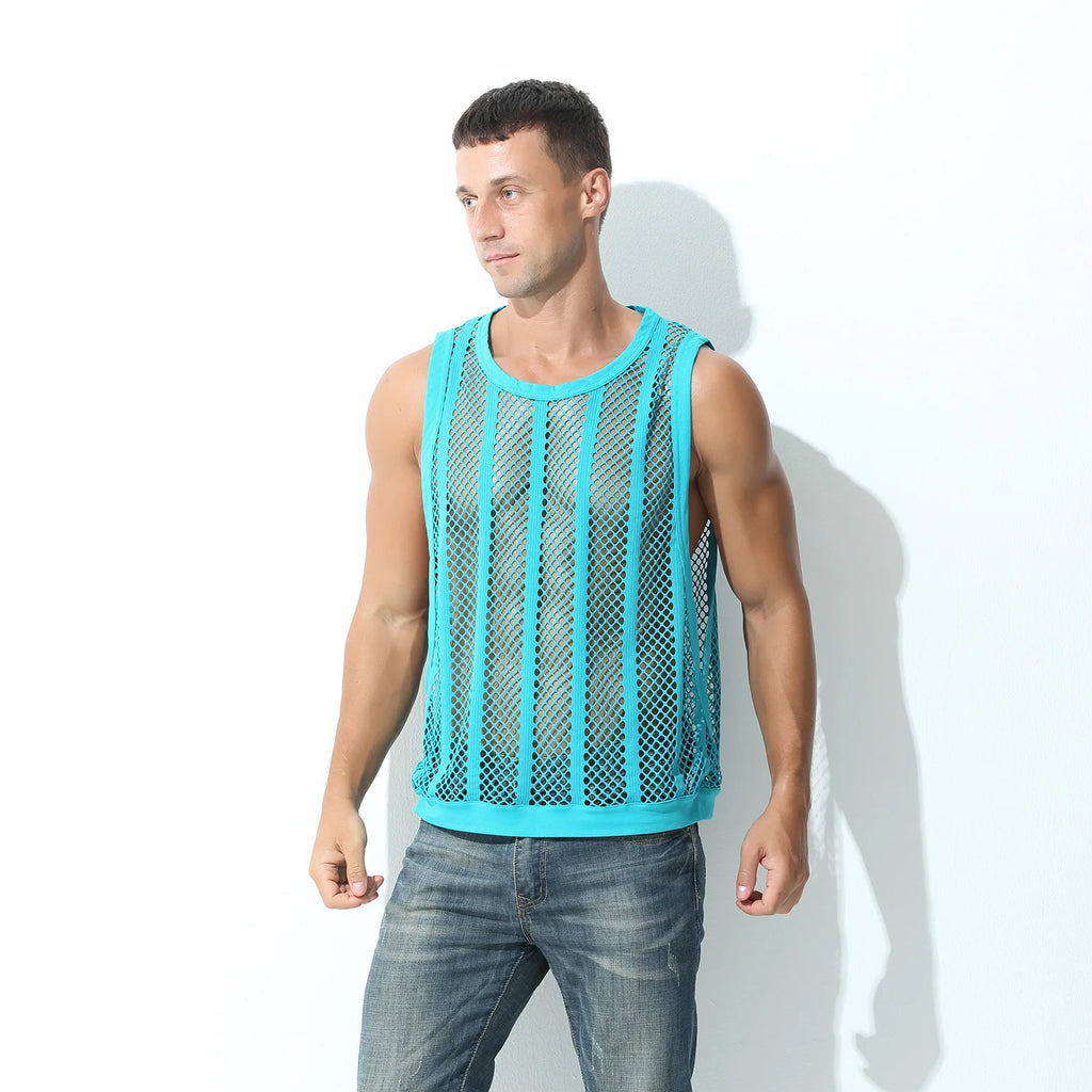 Camisetas sin mangas para hombre, camiseta interior sin mangas, chaleco hueco transparente de malla Sexy, camiseta de rejilla, camiseta musculosa