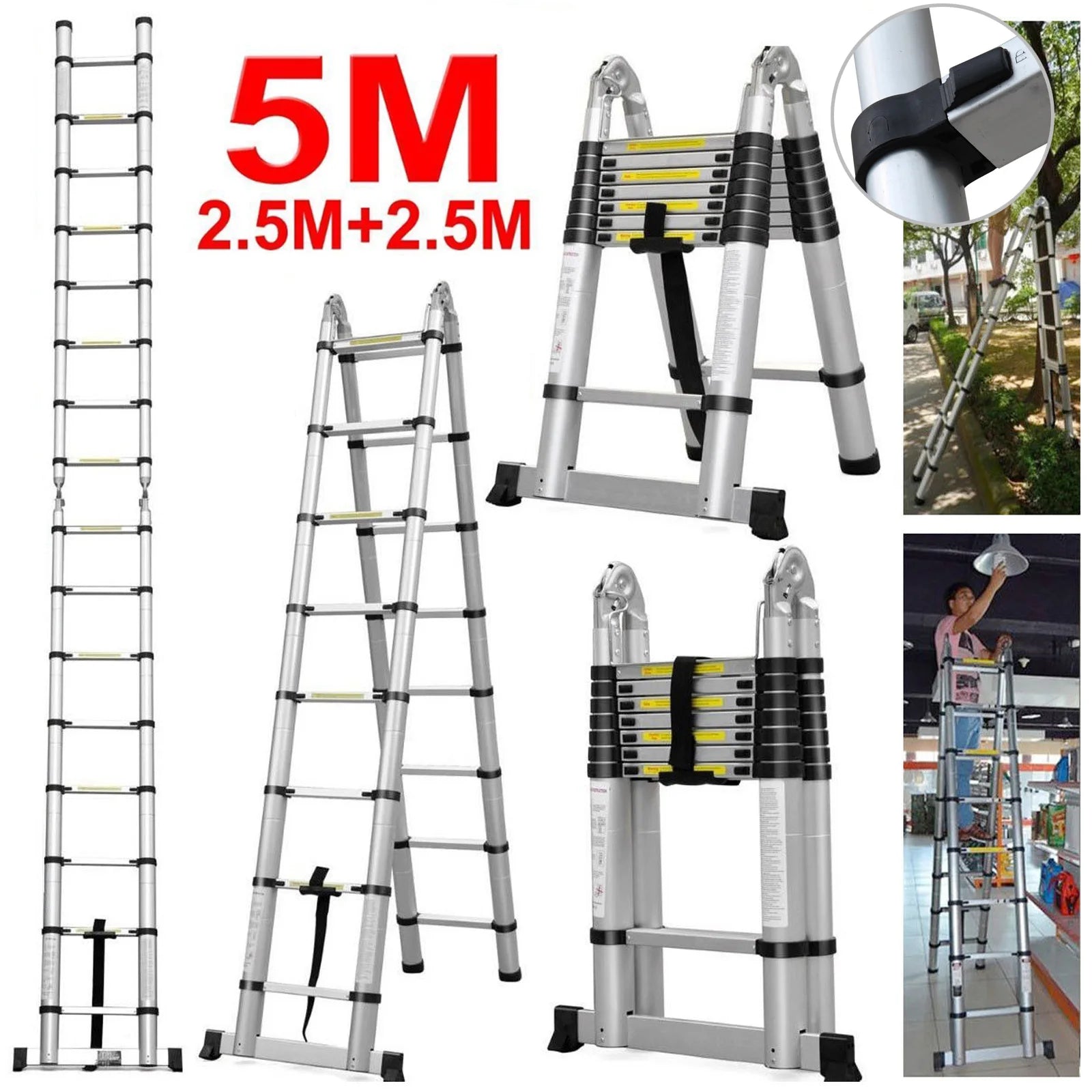 Escalera de aluminio telescópica multiusos de 16,5 pies (8,2 pies + 8,2 pies)/5M, escalera plegable extensible, escalones antideslizantes, capacidad de carga de 150 kg