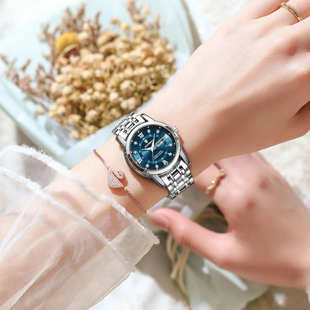 POEDAGAR, reloj de pulsera de lujo para mujer, resistente al agua, luminoso, fecha, semana, relojes para mujer, vestido elegante de acero inoxidable, reloj de cuarzo para mujer