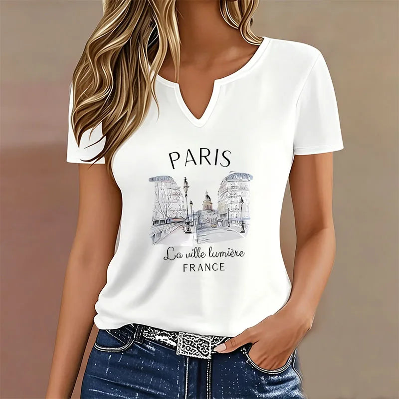 Paris Vintage V-Neck T-Shirt, Casual Y2K Retro Style, Paris T-Shirts for Women, Short Sleeve V-Neck, Summer, Spring