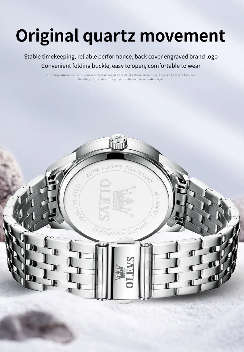 OLEVS, reloj minimalista de negocios de acero inoxidable para hombre, manecillas luminosas de lujo, calendario a escala romana, relojes de cuarzo resistentes al agua para hombre