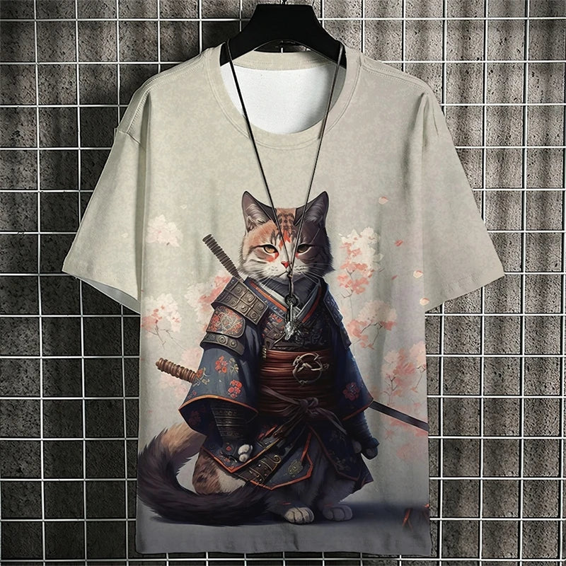 Camisetas con estampado de gato guerrero a la moda para hombre, camisetas con estampado de gato 3D y cuello redondo para verano, ropa informal de moda, camisetas Harajuku