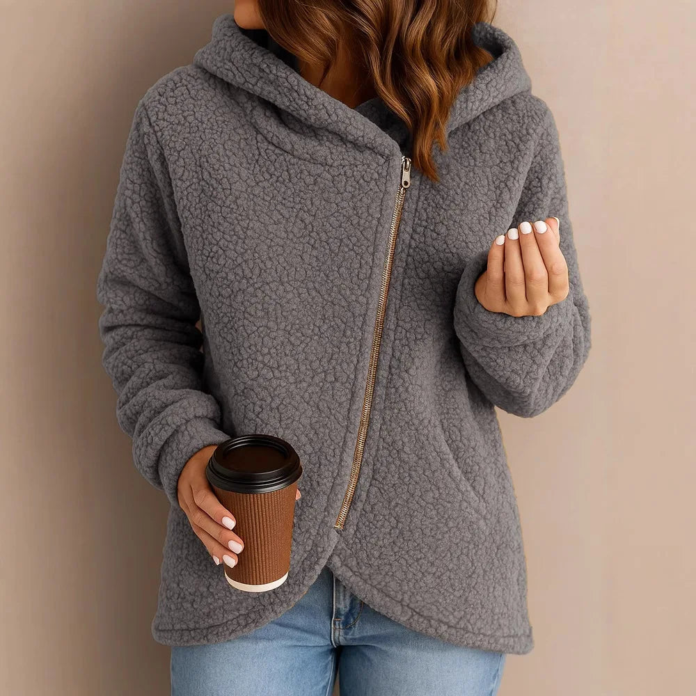 2025 Sudadera gruesa con forro polar para mujer, cárdigan con capucha y cremallera superior, chaqueta de lana de cordero de nuevo estilo a la moda para invierno