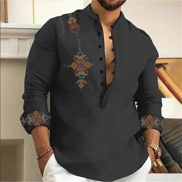 2025 Men's Shirt 15 Colors Tribe Pattern Printing Retro Geometry Leads Outdoor Street Long Sleeve Shirt Super Large Size S-5XL