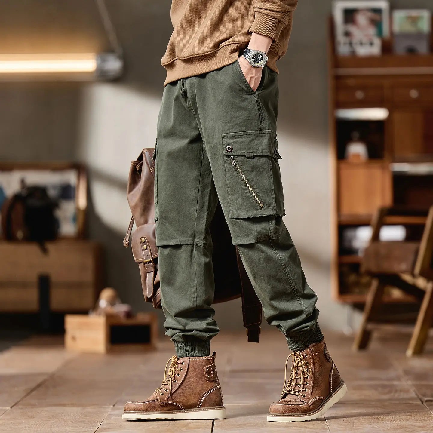 Men's Advanced Cargo Pants, Fashionable Brand Casual Motorcycle Pants, Multi-pocket Elastic Slim Fit Straight Leg Trousers for Autumn and Winter for Men