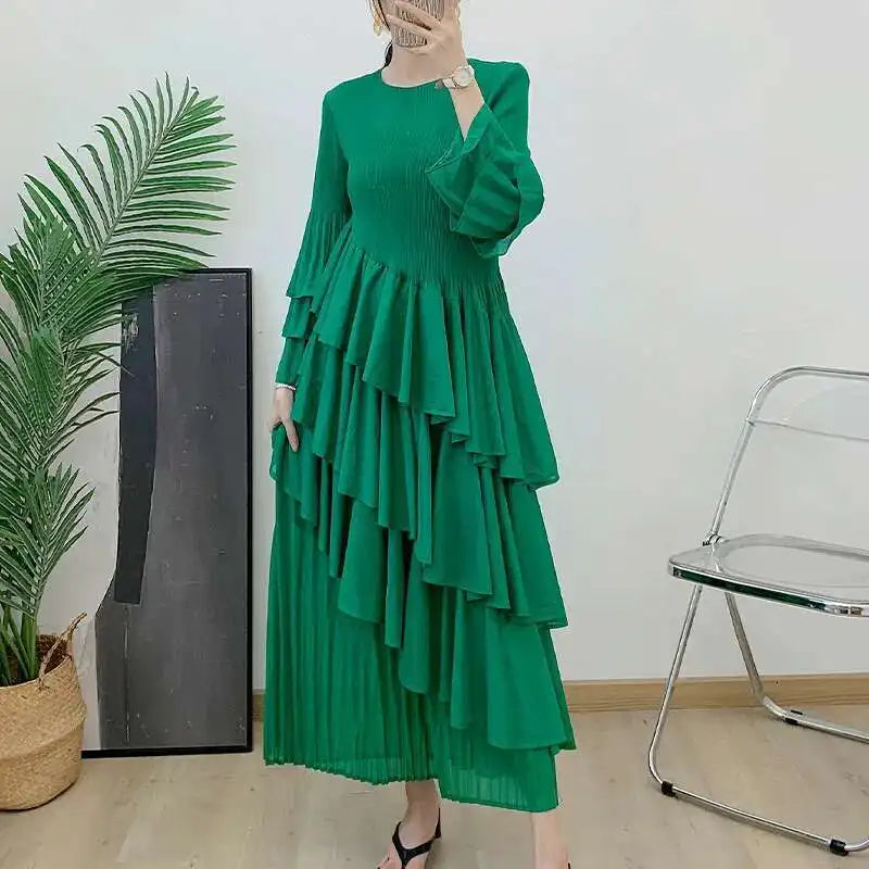 GVUW Women's Pleated Dress, Full Flare Sleeve A-Line Spliced Ruffles Round Neck Evening Party Elegant Women's Clothing 17G4475
