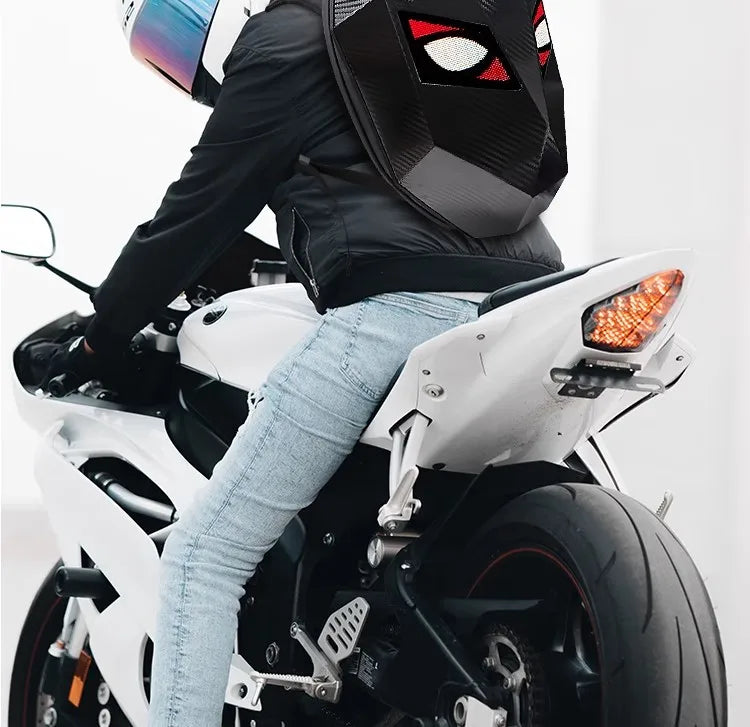 Mochila LED para Motociclistas con Ojos Brillantes, Textura de Fibra de Carbono, Casco, Mochila Escolar, Mochila para Portátil de Moto