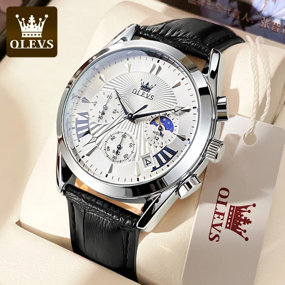 OLEVS 2876 reloj para hombre con correa de cuero reloj de cuarzo resistente al agua fase lunar luminosa relojes cronógrafo multifuncionales para regalo de hombre