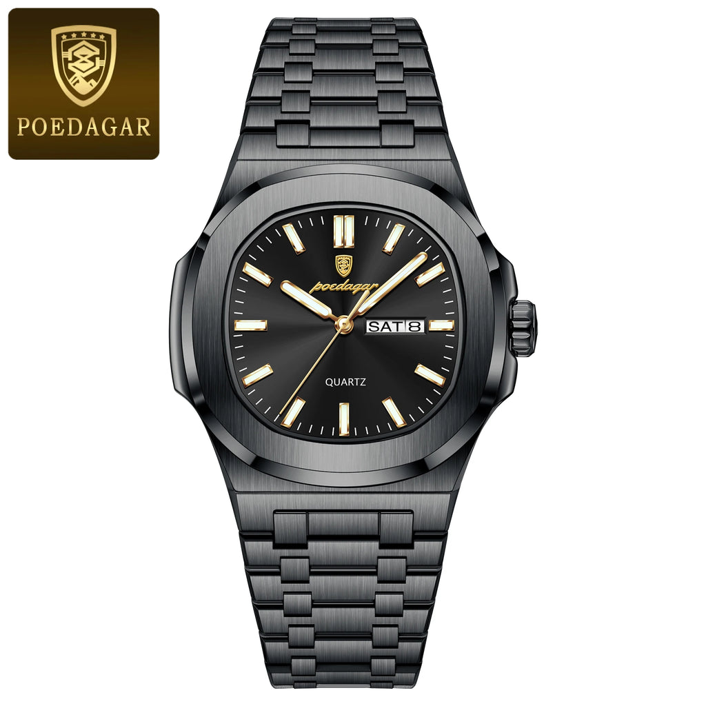 POEDAGAR, relojes cuadrados de lujo para hombre, Reloj luminoso resistente al agua con fecha y semana para hombre, Reloj de pulsera de cuarzo a la moda de acero inoxidable para hombre